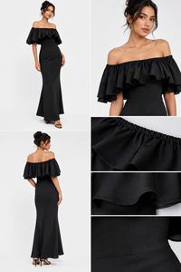 Robe de demoiselle d'honneur noire maxi, épaules dénudées, volants, sans manches, élégante, coupe sirène/trompette, respirante, longue, pour soirée formelle - Product Image 5