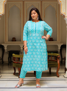 Festive Kurta <b>Pant</b> Dupatta Set Cotton Floral Printed Sky Blue Round Neck <b>Three</b> <b>Quarter</b> Sleeve Plus Size Women Wholesale Set - Product Image 2