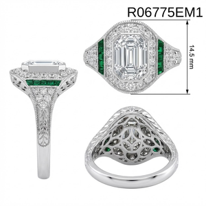 Bague de mariage classique en or blanc massif 18 carats de haute qualité, sertie de diamants et d'émeraudes taille brillant, fabriquée en Chine - Product Image 5