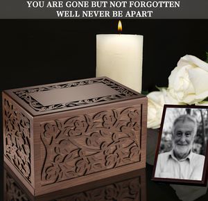 Hand Carved Wooden Ashes Urn <b>Box</b> Brown Square Memorial Cremation Keepsake Case Engraved <b>Floral</b> Funeral Decoration - Product Image 5