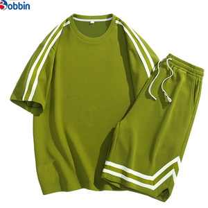 Custom Men Short Set New Fashion Summer Set With <b>Strips</b> shorts set Trendy Men's Short Sleeve Crew Neck Loose Student shorts set - Product Image 3