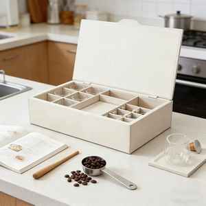 Caja de Almacenamiento de Madera Color Crema con Compartimentos, Organizador de Tazas de Vidrio, Moderno Organizador de Café para Encimera de Cocina - Product Image 1