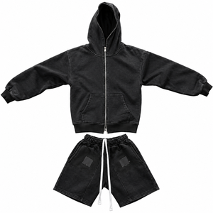<b>Men's</b> Winter Breathable Printed Acid Wash Zip-Up <b>Hoodie</b> <b>and</b> <b>Shorts</b> <b>Set</b> with Front Logo Black Tracksuit - Product Image 1