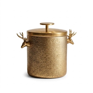 OEM Customized Round Hammered Gold Metal Ice Bucket with Deer Head Handles Glam Style Handmade Beverage Wine Tub For <b>Bar</b> Party - Product Image 1
