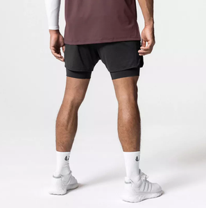 Shorts de sport noirs pour hommes, séchage rapide, taille mi-haute élastique, en polyester tricoté, couleur unie, vêtements de sport - Product Image 1