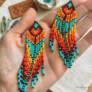 Boucles d'oreilles vintage bohèmes à pampilles en perles de rocaille, faites à la main, tissées, colorées, longues, avec perles arc-en-ciel pour la création de bijoux - Product Image 5
