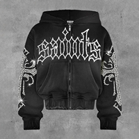 Sweat-shirt à capuche zippé brodé de strass, design personnalisé, 500 GSM, unisexe, tissé 100% coton, vêtements décontractés d'hiver