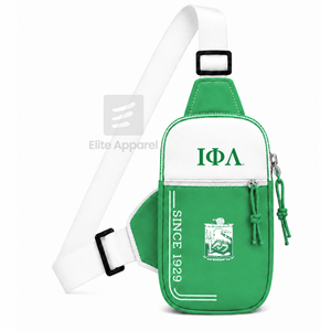 Sac banane personnalisé Iota Phi Lambda Sorority avec logo brodé sur le devant, fermeture éclair verte et blanche, usage quotidien décontracté pour femme - Product Image 1