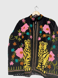 Veste en velours brodée de fleurs, col mandarin, manches chauve-souris, taille plus, style blouson pour femmes, automne - Product Image 5