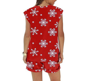 Conjunto de 2 piezas de pantalones cortos para mujer, sin mangas, cuello redondo, estampado de copo de nieve, rojo, informal, holgado, con bolsillo, conjunto de invierno - Product Image 4