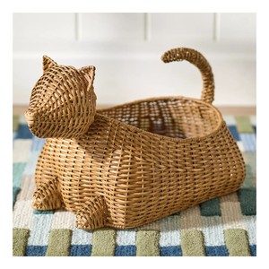 Adorable Rattan Cat Storage <b>Basket</b> Woven Animal Shape Organizer <b>Basket</b> Decorative Toy Bin Ideal For Nursery Room Decor - Product Image 1