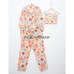 Conjunto de 2 Piezas para Mujer, Estilo Bohemio Romántico, Estampado Floral Digital, 100% Algodón, Manga Corta, Cuello Camisero, Cintura Alta Elástica - Product Image 3