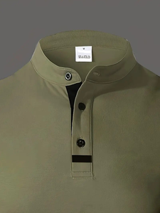 Polo classique vert olive à manches longues pour homme Tissu confortable Style décontracté Col rond Boutons Idéal pour le printemps/automne - Product Image 5