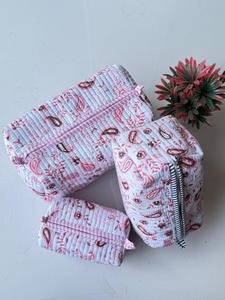 Ensemble de 3 trousses de toilette vintage indiennes matelassées, durables pour les voyages, motif floral, fermeture éclair, pochette à maquillage portable - Product Image 5
