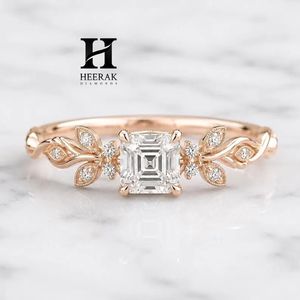 Anillo de Compromiso de Lujo con Diamante Cultivado en Laboratorio, Corte Asscher, Oro Rosa de 14K, Diseño de Rama de Olivo con Milgrain, Anillo Nupcial - Product Image 1