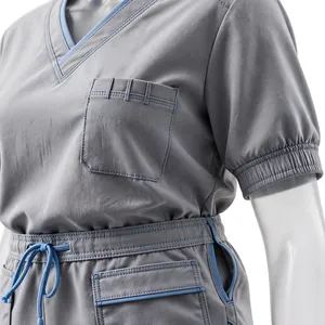 Unisex Grey <b>Blue</b> <b>Scrub</b> Set Short Sleeve Pocket Top Drawstring Pants Breathable 100% Polyester Needle Detection - Product Image 5