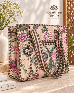 Sac fourre-tout léger pour femme en textile du Rajasthan, imprimé floral, matelassé en coton, style bohème, fermeture éclair, broderie - Product Image 1
