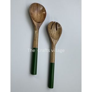 Juego de Servidor de Ensalada de Madera Hecho a Mano, Cuchara y Tenedor con Mango Verde, Madera Natural, Capacidad de 10 ml, Ecológico, Utensilios de Cocina para Servir en Fiestas - Product Image 1