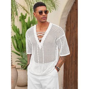 2025 Men's Casual <b>Lace</b>-Up Beach <b>Top</b> Half Sleeve V-Neck Crochet Knit Summer T-Shirt with Hollow Out Design - Product Image 3