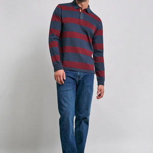 Chemise de rugby à manches longues pour homme, 100% polyester, rayée rouge marine, impression personnalisée du numéro sur le devant, col classique, vêtements de sport décontractés pour équipe - Product Image 6