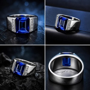 Bague de fiançailles pour homme en acier inoxydable plaqué platine avec saphir bleu taille émeraude, gravée sur mesure « Forever & Always » - Product Image 3