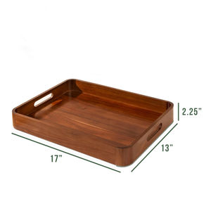 Plateau en bois d'acacia naturel avec poignées découpées pour servir des aliments, du thé, du café ou des collations, idéal pour la cuisine de chevet ou la table de vie - Product Image 3