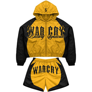 Durable 120 GSM Nylon Windbreaker Short Set Teal Yellow Panel Contrast Design Custom Heat <b>Press</b> Logo plus size - Product Image 5