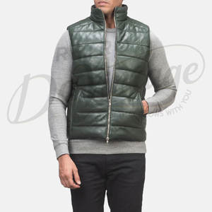 เสื้อกั๊กหนังแท้สีเขียวเข้มสำหรับผู้ชาย พรีเมียม ทรงเข้ารูป คอสูง ซิปหน้า บุนวม อุ่นสำหรับฤดูหนาว - Product Image 1