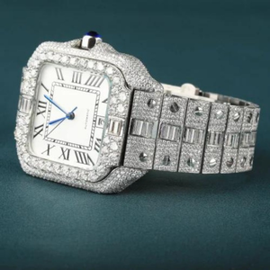 Montre-bracelet de luxe ronde pour homme, de haute qualité, style Hip Hop Bling, entièrement sertie de diamants de laboratoire, en argent et or, à mouvement quartz - Product Image 3