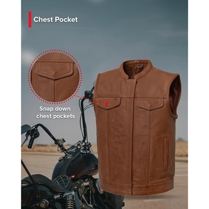 Custom Men's Brown Perforated Genuine Cowhide <b>Leather</b> Motorcycle Vest Stand Collar <b>Biker</b> Club <b>Leather</b> <b>Waistcoat</b> - Product Image 2