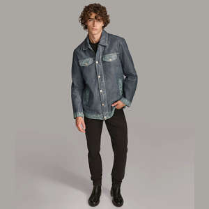 Blouson de moto réversible imperméable en peau de mouton cirée délavée noir et marron à col montant grande taille pour homme - Product Image 1