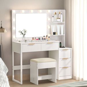 Set Toeletta con 5 Cassetti e 2 Ripiani, Finitura Melaminica Bianca in Truciolato, con 11 Lampadine Tricolore e Multipresa, per Trucco - Product Image 1