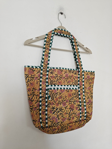 Floral Orange Quilted Cotton Medium Shoulder Tote <b>Bag</b> Zipper Closure Double Handles <b>Reusable</b> Everyday Ladies Shopping Beach - Product Image 1