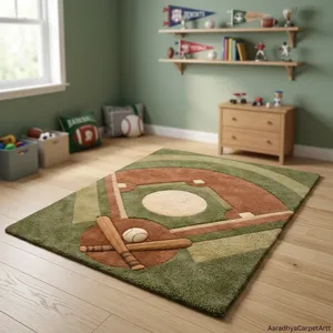 Tapis rectangulaire fantaisie en laine à motif terrain de baseball, à poils moyens, tufté à la main, lavable, avec envers fin en polypropylène, pour chambre à coucher - Product Image 5