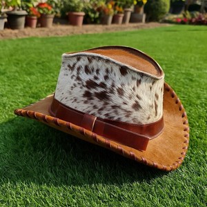 Chapeau de cowboy en similicuir de vachette unisexe marron et blanc, style western rancher avec bande en ruban, pour l'extérieur, printemps-été, style décontracté - Product Image 4