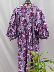 Women Floral Block Print V-Neck Midi <b>Dress</b> With Puff Sleeve <b>Loose</b> Fit Casual Summer <b>Dress</b> Breathable Woven - Product Image 5