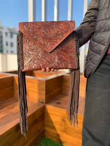 กระเป๋าถือหนังวัวแท้เครื่องมือสำหรับผู้หญิง, กระเป๋าหนังโบฮีเมียนสลักลาย - Product Image 4