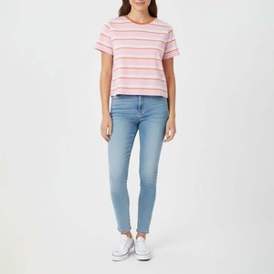 High Quality Women Colorful <b>Striped</b> <b>Crop</b> <b>Top</b> T-Shirt Multicolor Stripes + Round Neck Short Sleeve Tee Factory Made in Pakistan - Product Image 5
