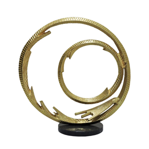 Modern Abstract Gold Aluminum Double Ring Sculpture on Black Marble Base | Contemporary Geometric Metal Tabletop Art Decor <b>11</b>" - Product Image 1