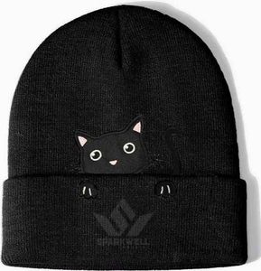 Gorro de Punto SPARKWELL Gris con Gato Bordado, Unisex para Adultos, 100% Acrílico, Diseño de Dibujos Animados, Cálido para Invierno - Product Image 6