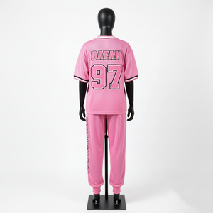 Ensemble de pantalons en jersey de polyester premium 180 GSM, rose, avec col et poignets contrastés, logo personnalisé, pour femme - Product Image 2