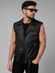 Gilet en cuir confortable pour homme, construction robuste, doublure douce, poches pratiques et style classique, idéal pour le vélo et les activités de plein air. - Product Image 4