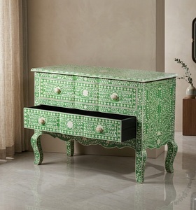 Green Mother of Pearl Inlay Solid Wood Hand Carved Accent <b>Sideboard</b> Floral Pattern Bedside <b>Storage</b> - Product Image 1