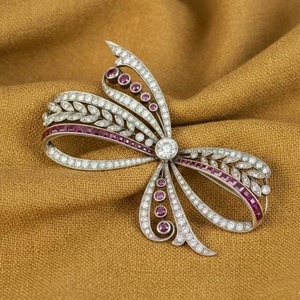 Broche de Lazo Vintage con Diamantes y Rubíes, Chapado en Oro Blanco de 14K, Certificado, Joyería de Regalo para Novia, Boda, Diseño Único para Mujer, Plata 925 - Product Image 2
