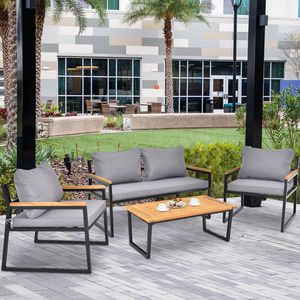 4 pezzi Set di mobili da esterno con struttura in metallo legno di Acacia morbidi cuscini da tavolo con balcone sul retro mobili da salotto - Product Image 2