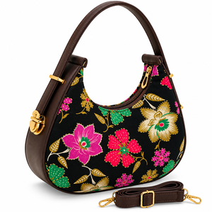 Sac hobo bohème à imprimé floral pour femme, noir, en PU, avec bandoulière, fermeture à boucle, quincaillerie dorée, toutes saisons - Product Image 1