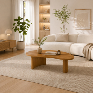 Table basse en teck massif en forme de rein, cannelée, écologique, style scandinave moderne, qualité supérieure, design organique, ensemble de meubles - Product Image 6