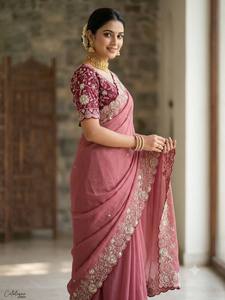 Sari traditionnel en soie Georgette lourde avec broderies riches et travail Zari, réversible, protection solaire, pour occasions de mariage - Product Image 2