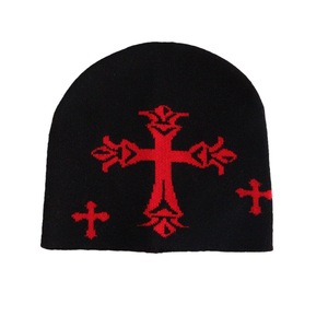 Bonnet en tricot unisexe avec motif brodé en croix, style streetwear, bonnet d'hiver 56-58 cm, matière acrylique, tenue décontractée - Product Image 6
