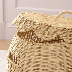 Luxury Oval Scalloped <b>Lid</b> Rattan Toy Storage <b>Basket</b> Spacious Children's Bedroom Clothes Hamper Kids Room Furniture Wholesale - Product Image 2